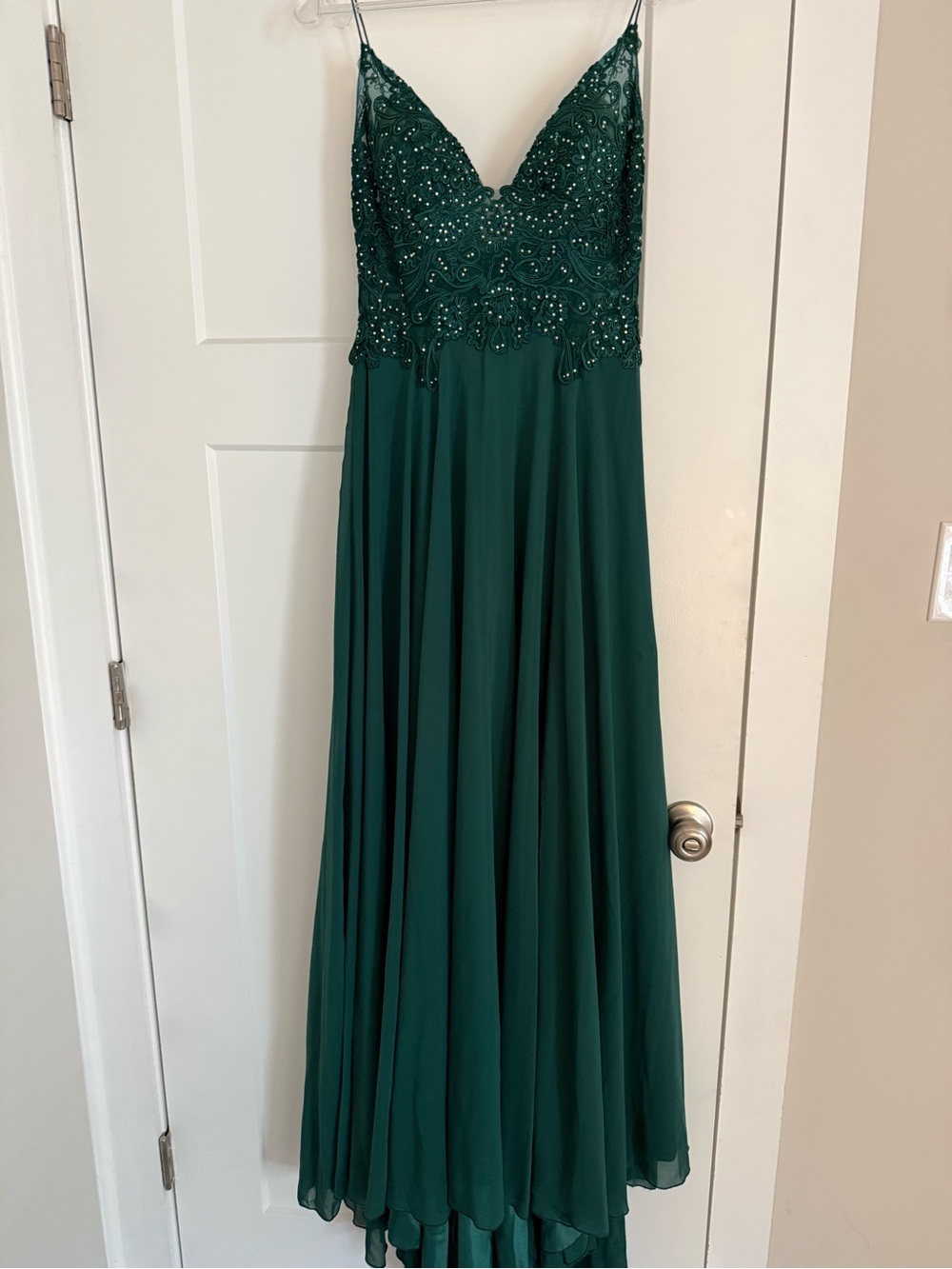 Green low back beaded gown